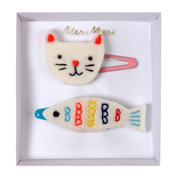 Embroidered Cat & Fish Hair Clips Supply