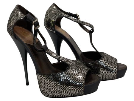 roberto cavalli Heels EU 36 Glitter Leather BRW OPEN TOE WRP ANKLE SILVER BCK For Discount