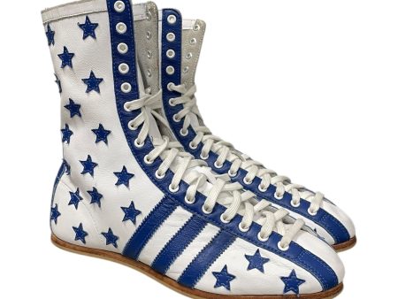 adidas JEREMY SCOTT Hi-Sneakers US 7.5 Stripe Leather WHT BOXING SHOES BLUE STAR Fashion