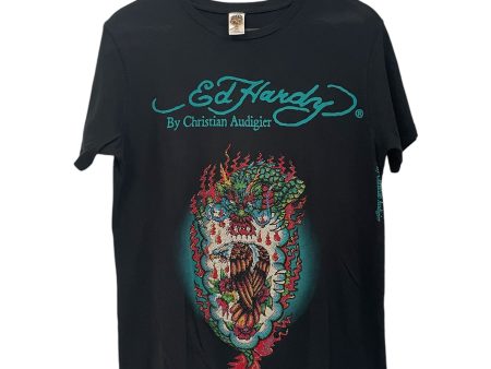 Ed Hardy T-Shirt M Cotton BLK BEDAZZLED GREEN DRAGON Sale