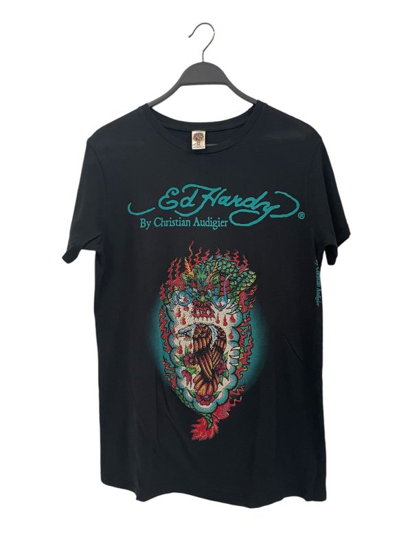 Ed Hardy T-Shirt M Cotton BLK BEDAZZLED GREEN DRAGON Sale